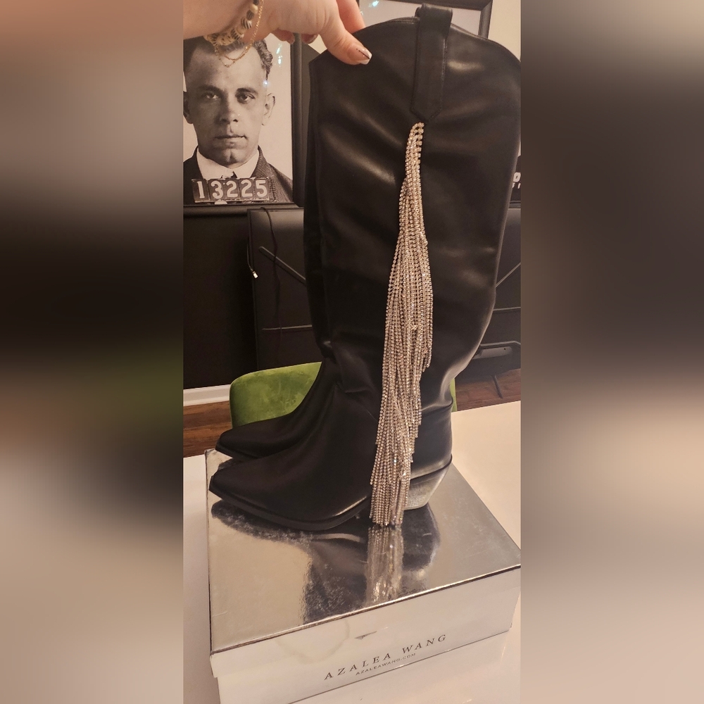 Azalea Wang Black Cowboy Boots with Rhinestone Tassel